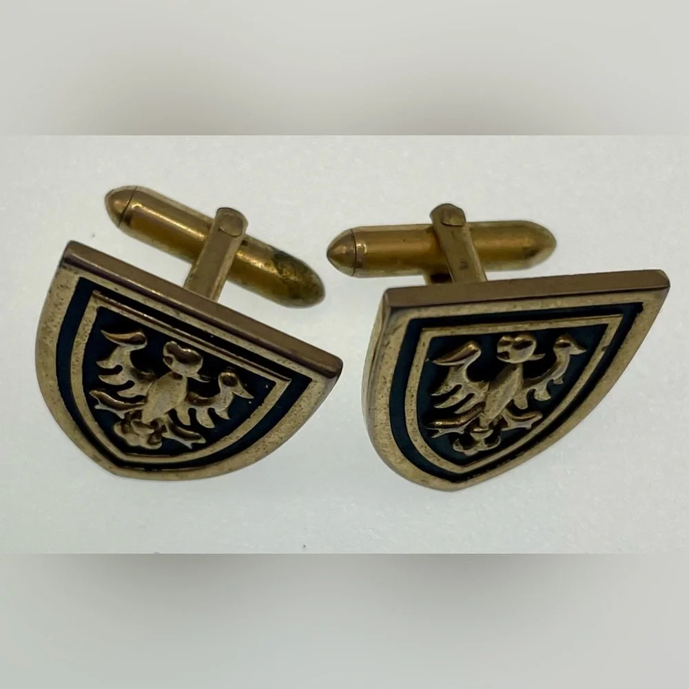 Vintage Signed Swank Gold Tone and Black Enamel Shield Eagle Cufflinks